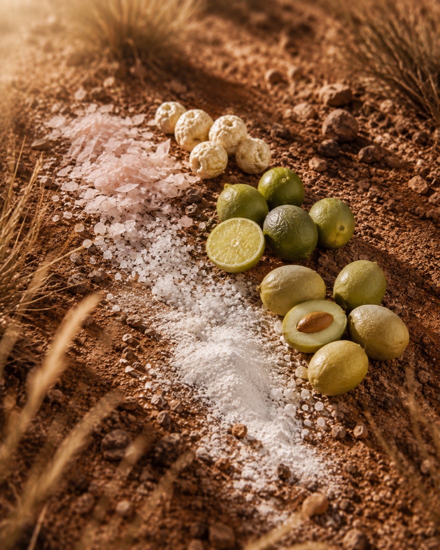 Murray River salt, desert lime and Kakadu plum on red earth